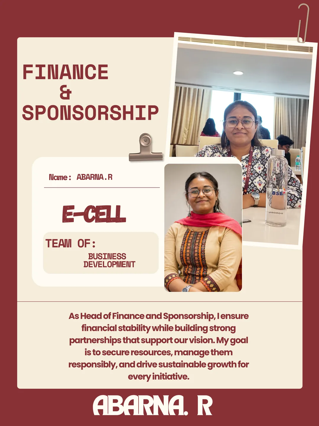 Abarna R, Finance & Sponsorship Head