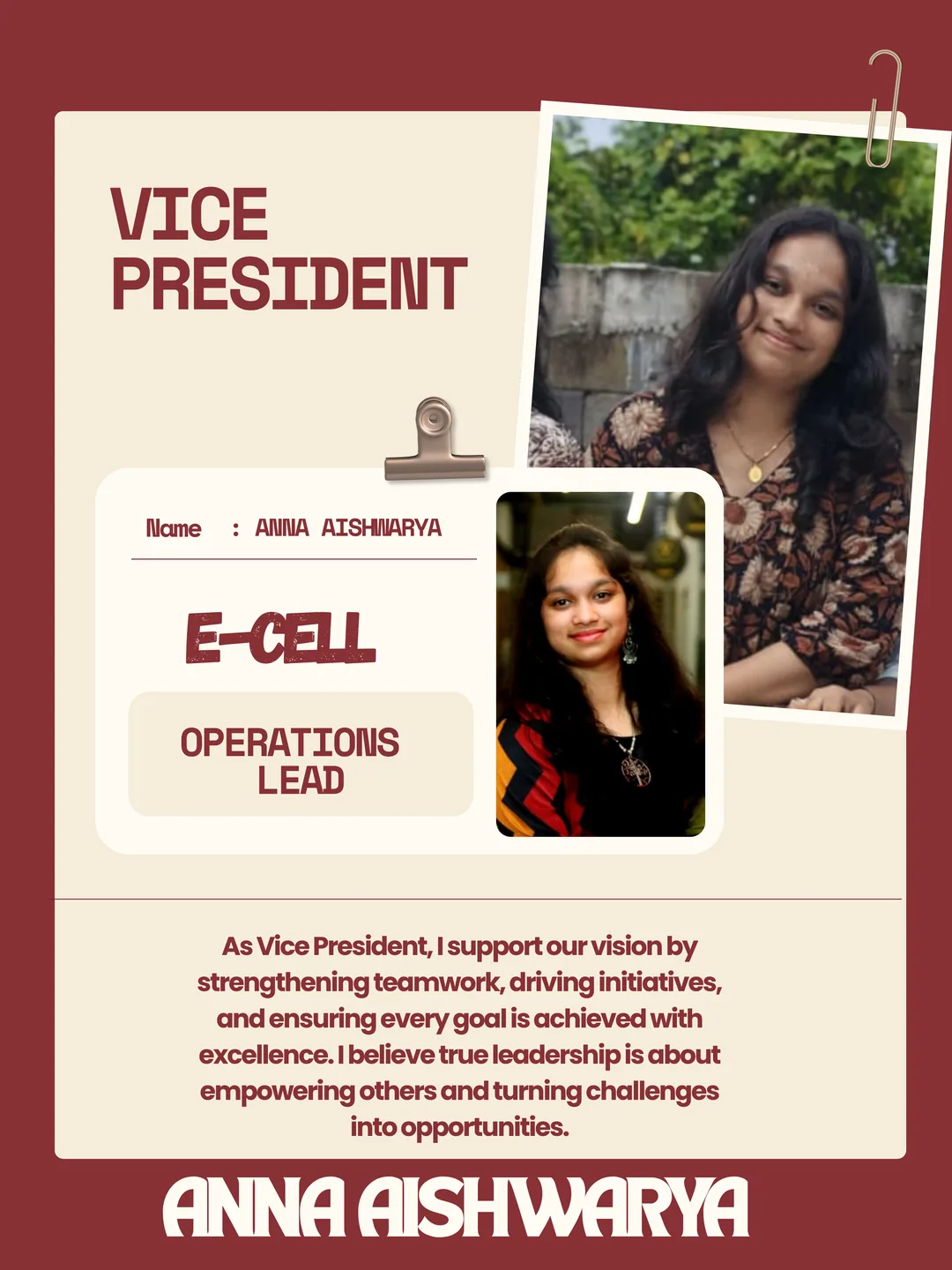 Anna Aishwarya, Vice President