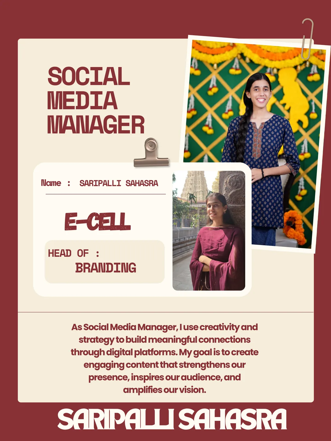 Saripalli Sahasra, Social Media Manager
